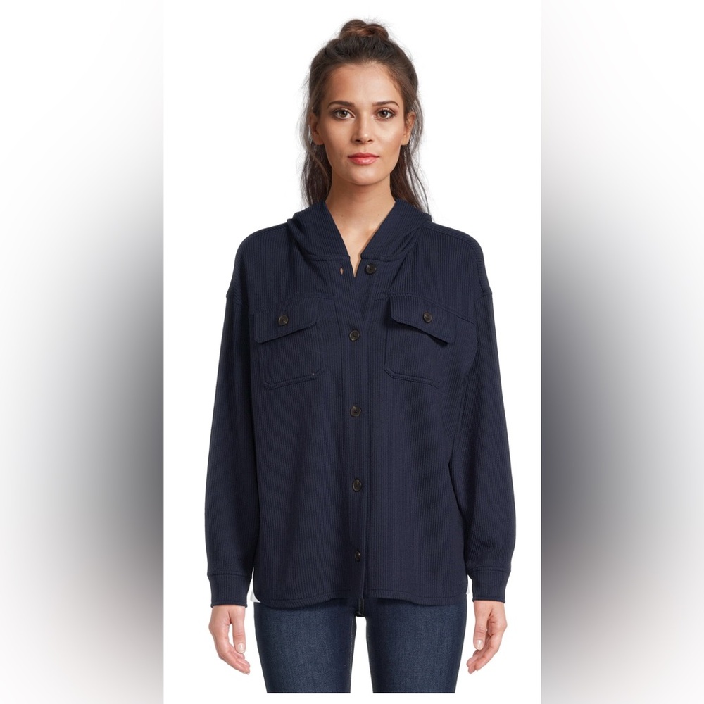 Time and Tru Women's Rib Hooded Shacket Dark Navy XL 16-18 Oversized NWT